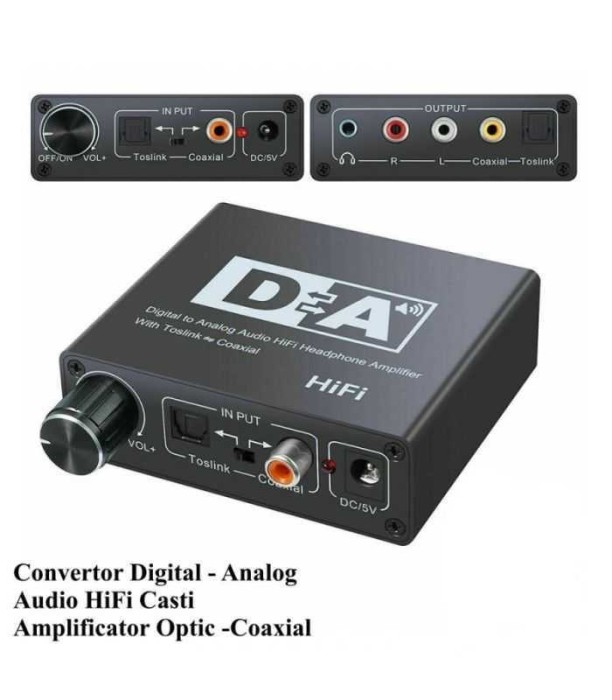 Adaptor TOSLINK RCA - 2x RCA +Jack 3.5 mm si amplificare semnal