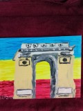 TABLOU PE PANZA CU SASIU NOU 30X40 CM ARCUL DE TRIUMF SI STEAGUL ROMANIEI ACRILIC PRET 50 LEI PICTOR FLORIAN