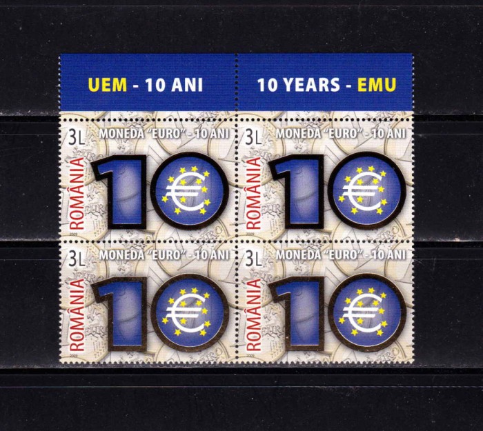 ✅RO 2009 LP 1825 &quot;10 ani moneda EURO&quot; ,serie bloc de 4 folio aur ,MNH