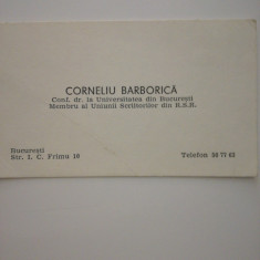 Carte de vizita Corneliu Barborica, univ din Bucuresti, Uniunea Scriitorilor