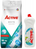 Detergent pudra pentru rufe albe Active, sac 10kg, 135 spalari + Detergent de vase lichid Active, 1 litru, cocos