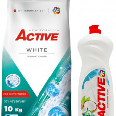 Detergent pudra pentru rufe albe Active, sac 10kg, 135 spalari + Detergent de vase lichid Active, 1 litru, cocos