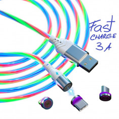 Cablu de date 3A Premium 3in1 Magnetic Luminat MULTICOLOR cu Flux Luminos, 3 Conectori 360 Hotriple, 100 cm foto