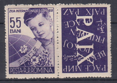 ROMANIA 1956 LP 406 a ZIUA INTERNATIONALA A COPILULUI SERIE CU VINIETA MNH foto