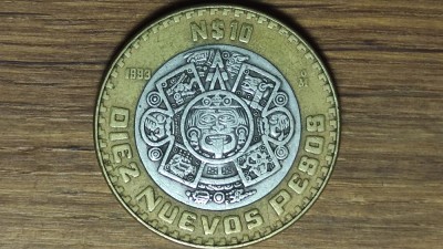 Mexic - moneda de colectie bimetal cu centru argint 925 - 10 pesos 1993 - f interesanta! foto