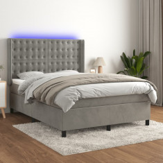 vidaXL Pat continental cu saltea și LED gri deschis 140x190 cm catifea