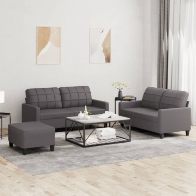 vidaXL Set de canapele cu perne, 3 piese, gri, piele ecologică foto