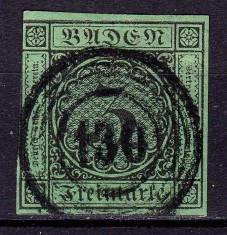 ✅ (S44) Germania veche - Baden 1853 "Cifra in cerc" , Michel nr. 6 , 3 Kr negru/h.verde , stampilat