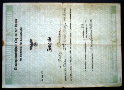 O.180 CERTIFICAT WWII GERMANIA AUSTRIA ZEUGNIS 1941 foto