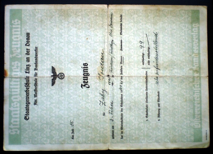 O.180 CERTIFICAT WWII GERMANIA AUSTRIA ZEUGNIS 1941