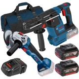Bosch GBH 18V-26 + GWS 18V-10 + 1600A00B8J + 1600A00B8J - Rotopercutor SDS-Plus 2.6 J + Polizor unghiular 125 mm + Set 2 acumulatori si incarcator Li-