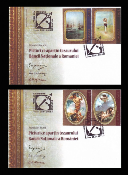 2011 Romania, 2 FDC Reproduceri arta Picturi din tezaurul BNR LP 1888, prima zi
