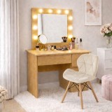 Masa de toaleta/machiaj, Irina, stejar + scaun Lago, bej, cu oglinda si LED-uri, 94x43x141 cm GartenVIP DiyLine