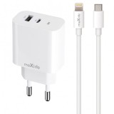 Incarcator Retea Cu Cablu Lightning MaXlife MXTC-06-20AC, 20W, 3A, 1 x USB-A - 1 x USB-C, Alb, Apple