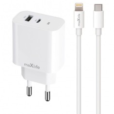 Incarcator Retea Cu Cablu Lightning MaXlife MXTC-06-20AC, 20W, 3A, 1 x USB-A - 1 x USB-C, Alb