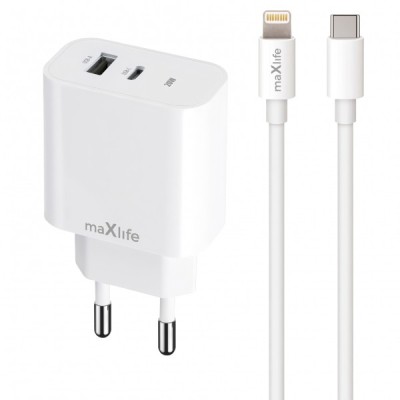 Incarcator Retea Cu Cablu Lightning MaXlife MXTC-06-20AC, 20W, 3A, 1 x USB-A - 1 x USB-C, Alb foto