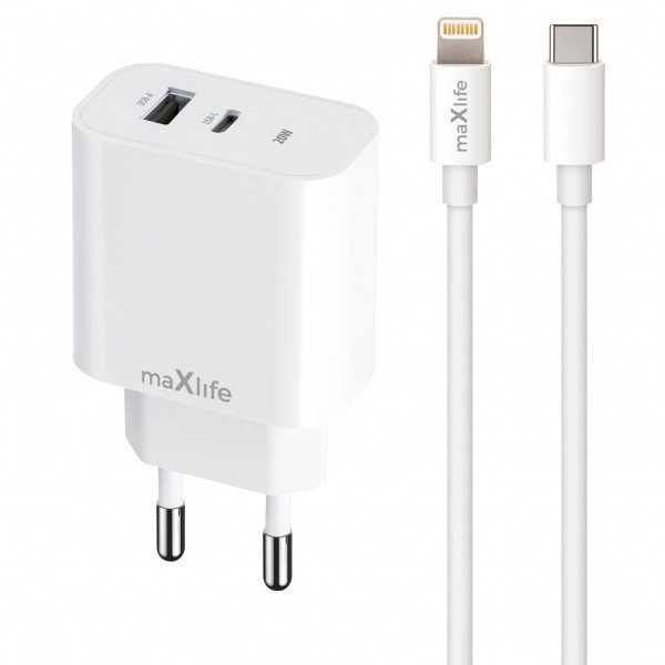 Incarcator Retea Cu Cablu Lightning MaXlife MXTC-06-20AC, 20W, 3A, 1 x USB-A - 1 x USB-C, Alb