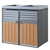 Cutie &icirc;ncuietabilă pentru pubele cu ghiveci integrat, ventilație cu lamele și două uși separate, 132x80x124,5 cm, Gri+Culoare naturală