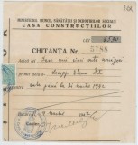 Romania, Ministerul Muncii, Sanatatii si Ocrotirilor Sociale, Casa Constructiilor, Chitanta, Bucuresti, 1942