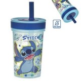 Pahar Plastic cu Pai Silicon No Drip Model Stitch 420ml, CMCLASS