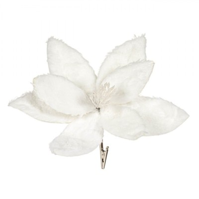 Ornament Crăciun, Floare Decorativă, Clip, Blană Sintetică, Alb, 26cm foto