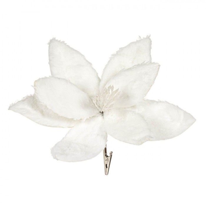 Ornament Crăciun, Floare Decorativă, Clip, Blană Sintetică, Alb, 26cm