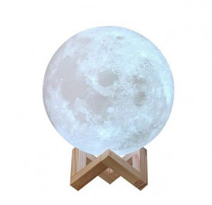 Lampa de Veghe Luna Imprimare 3D, LED Multicolor, Reincarcabila, Suport Lemn foto
