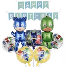 Set De 20 piese Eroi in Pijamale, Figurine Eroi in Pijamale 77 cm si 73 cm, Baloane Folie Aluminiu 45 cm PJ MASK, stegulete decorative Happy Birthday,
