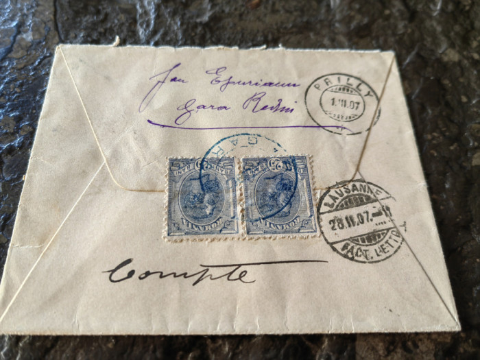 Plic filatelic circulat 1907, Gara Rediu- Lausanne Elvetia, franc. 50 Bani, rar