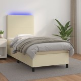 Cumpara ieftin Pat cu arcuri, saltea și LED, crem, 90x200 cm, piele ecologică