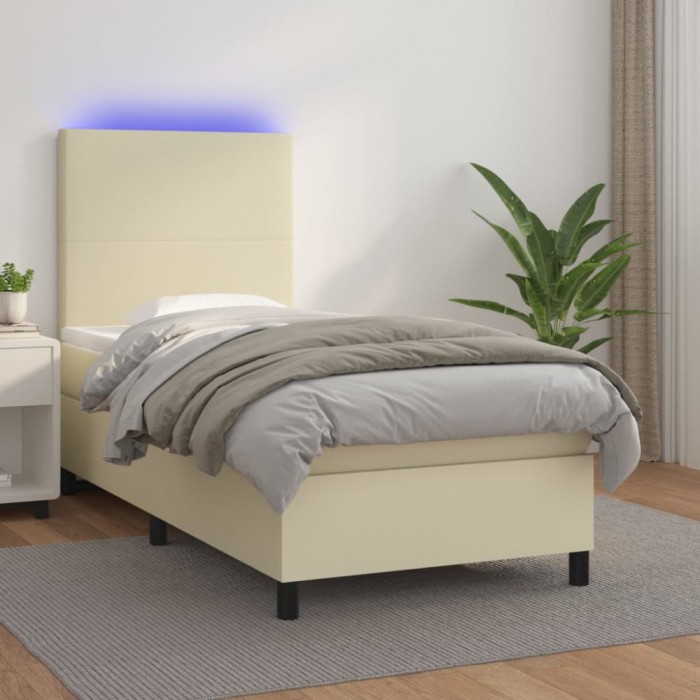 vidaXL Pat cu arcuri, saltea și LED, crem, 100x200 cm, piele ecologică 3135809