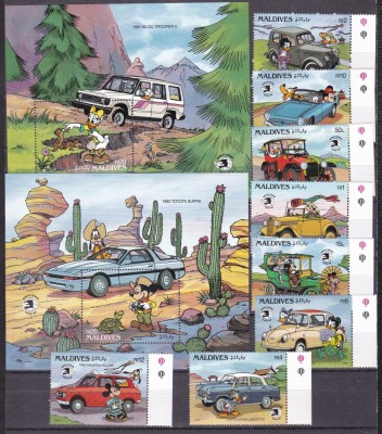 Maldive 1989 Disney auto MI 1359-1366 + 2bl. 155,156 MNH foto