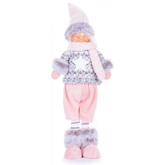 Decoratiune iarna, baiat cu caciula si bluza cu stea, roz si gri, 17x13x48 cm