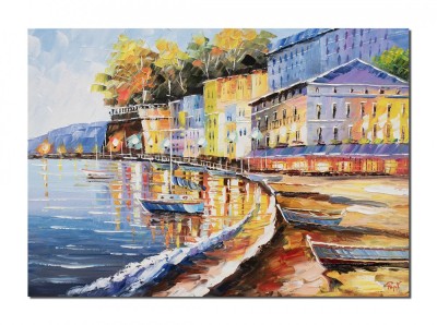 Tablou lacul Como pictat manual, Apus de soare cu veliere, 70x50cm ulei pe panza in releif foto