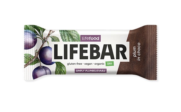 Lifebar baton cu prune in ciocolata, raw, bio, 40g