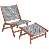 Outsunny Fotoliu de gradina cu suport pentru picioare - fotoliu de relaxare din lemn de acacia si rachita din polipropilena - natural, gri | Aosom Rom