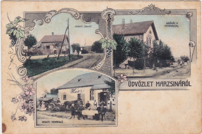 CP Salutari din Margina Udvozlet Marzsina Colaj Gara, Primarie, Restaurant ND(1913)
