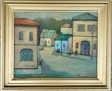 Mircea Popescu Tablou Arta Naivă Peisaj Copii spre Școală, pictura ulei inramata 43x51cm