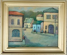 Mircea Popescu Tablou Arta Naivă Peisaj Copii spre Școală, pictura ulei inramata 43x51cm