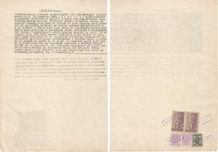Romania, Scoala primara rurala Martesti, adeverinta, copie fiscalizata, 1946