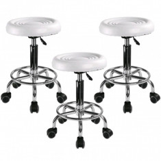 SET - 3x Scaun salon, Taburet rotativ, Alb, Piele ECO, Cu suport picioare foto