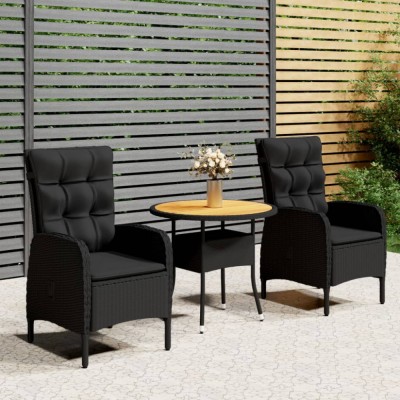 vidaXL Set bistro de grădină, 3 piese, negru, poliratan 3058549 foto