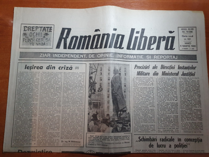 ziarul romania libera 6 martie 1990-statuia lui lenin de la scanteia data jos