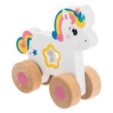 Unicorn din Lemn cu Roti CMCLASS - Alb cu Detalii Roz, 12x5x12cm, Jucarie Copii 3 Ani+