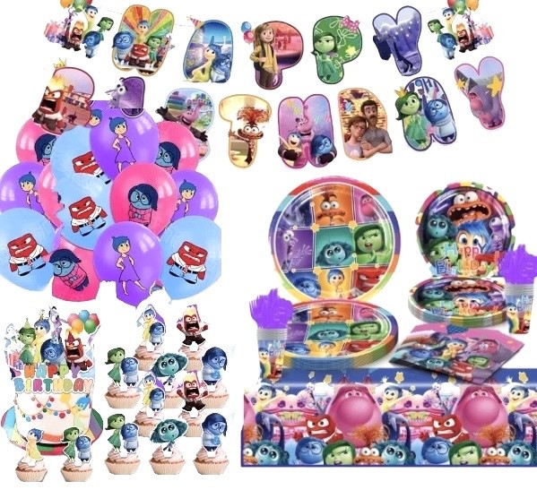 Set 128 piese vesela petrecere Inside Out pentru 10 copii, stegulete decorative, fata de masa, servetele, decoratiuni tort, pahare, farfurii, linguri,