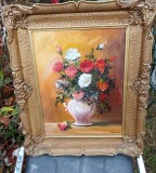 Tablou rom&acirc;nesc vaza buchet de trandafiri semnat