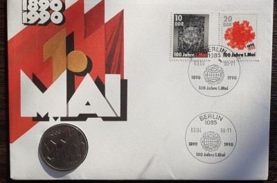 GERMANIA DEMOCRATA- FDC SI MONEDA UNC 10 MARK 1990, ZIUA INTERNATIONALA A MUNCII foto