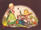 Ilustratie cu doi copii in gradina smulgand un morcov (necirculata)