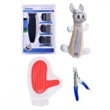 Pachet promo pentru ingrijirea animalului de companie, Aparat electric de tuns blana, Cleste taiat unghii animale, Manusa periat blana, Jucarie sub fo