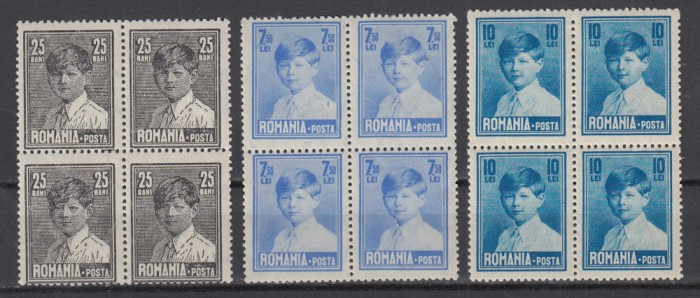 ROMANIA 1928 LP 79 REGELE MIHAI I FORMAT MARE CU FILIGAN BLOCURI DE 4 TIMBRE MNH